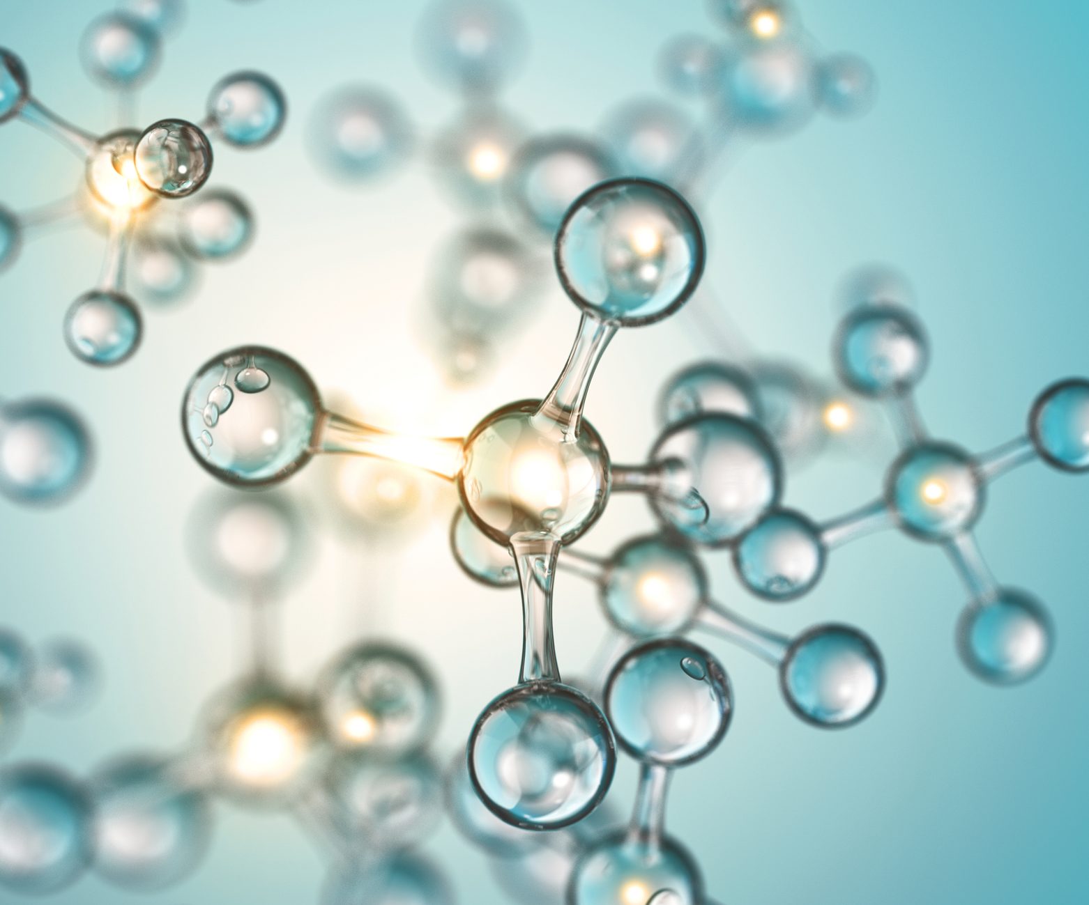 A close-up illustration of transparent molecular structures connected by thin bonds, with glowing light effects, set against a blue gradient background.